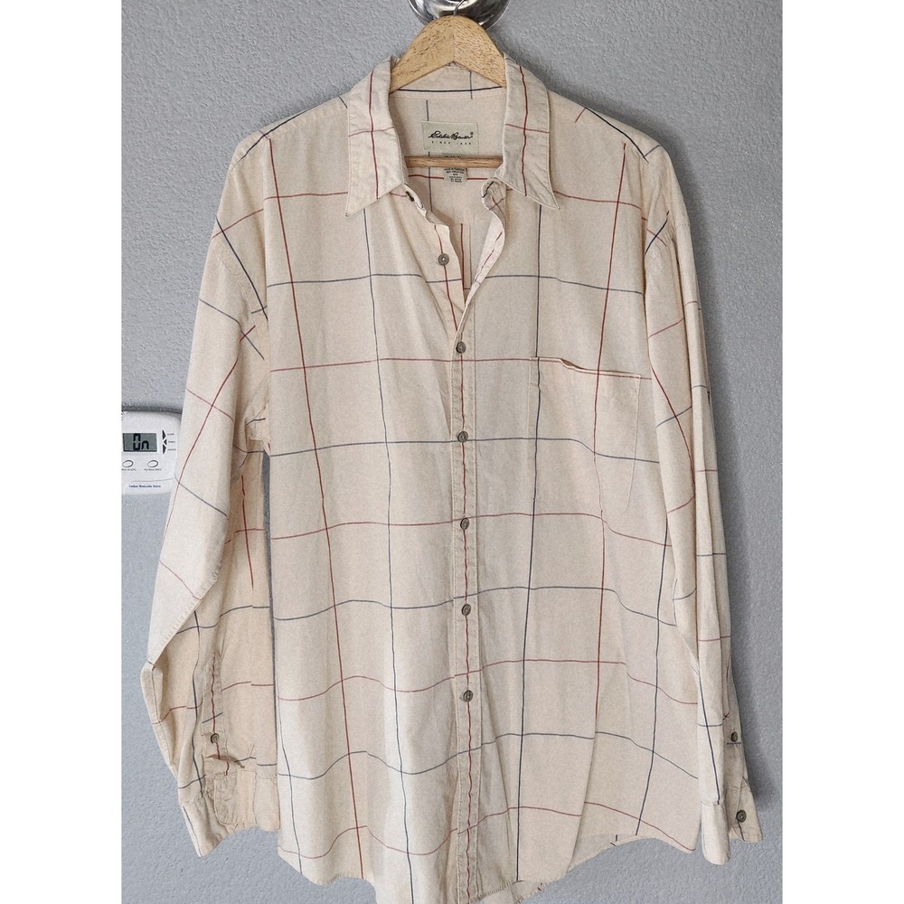 Vtg 90s Y2K Eddie Bauer Mens 2XL Cream Windowpane Plaid Button Down Shirt 18-36